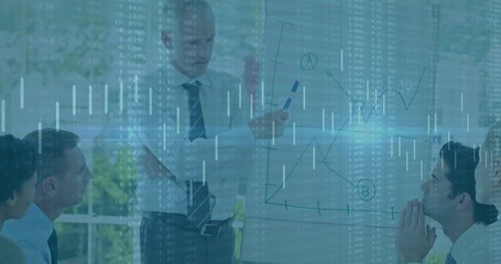 Presenting man in dress shirt tie pointing at flipchart at table with marker and data overlay