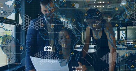 Reviewing white document, team in business attire leaning in at office with data overlays