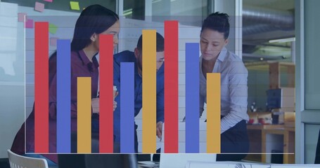 Collaborating three coworkers in business shirts reviewing laptop in office, with bar chart overlay