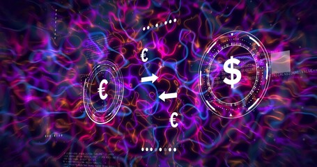 Displaying currency HUDs floating in digital finance scene, showing euro,dollar icons and arrows