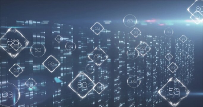 Pulsing holographic glyph cluster floating above server-like light columns, showing 5G 6G labels