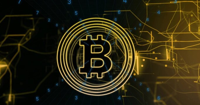 Pulsing gold Bitcoin symbol rotating in concentric rings in digital network, showing blue digits