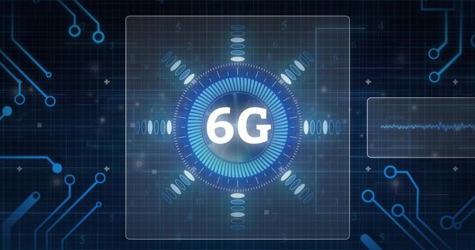 Displaying central 6G HUD graphic rotating on virtual interface, showing waveform panel right