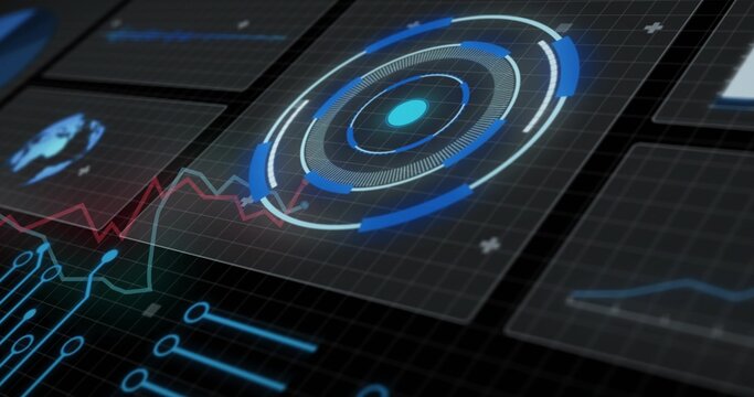 Displaying circular HUD on digital dashboard, with data panels, red-green waveform and neon traces