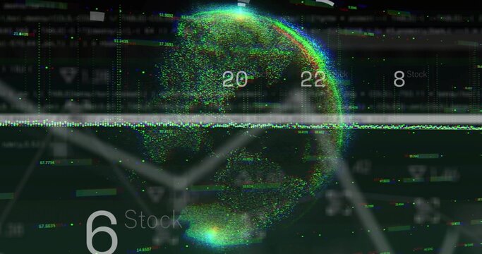 Spinning particle globe pulsing in dark HUD showing Stock label 20,22,8,6 graph axes scan noise