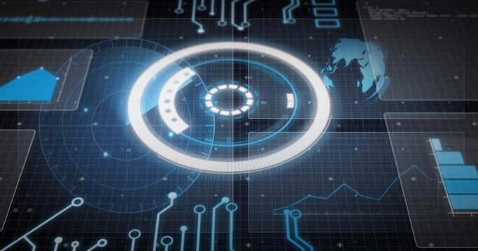 Displaying central circular hologram interface over data grid, showing circuit traces and bar chart