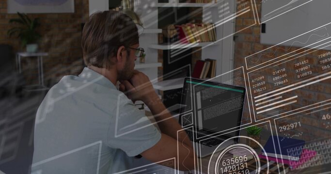 Leaning man with glasses in light short-sleeve shirt studying laptop in home office, HUD overlays