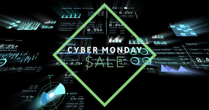 Glowing lime-green diamond frame displaying CYBER MONDAY SALE and dollar sign in virtual HUD
