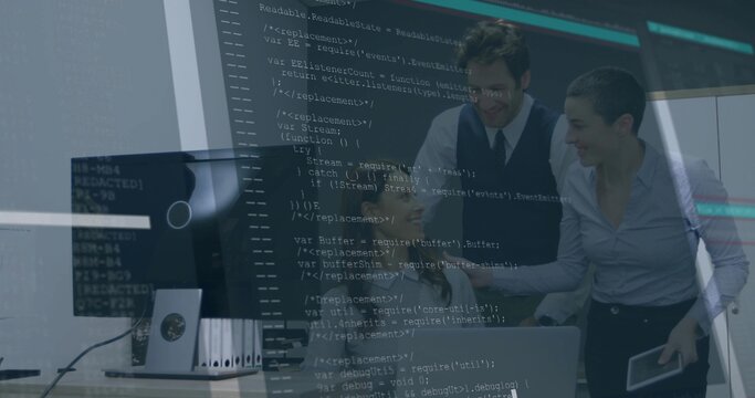 Leaning coworkers in shirts, vest pointing and reviewing with code overlay at office, with laptop