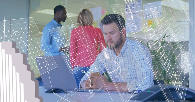Working bearded man in checked shirt typing on laptop at office, with phone and AR overlays