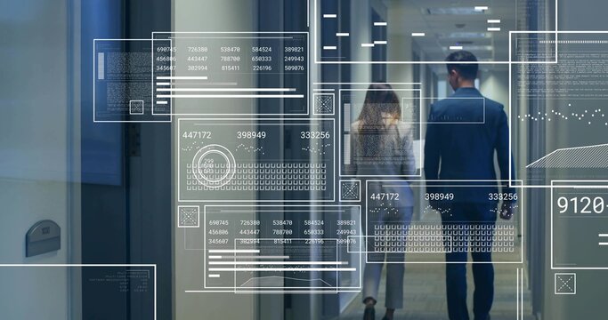 Walking business colleagues in suits in corridor with glass walls, holding handbag, holographic UI