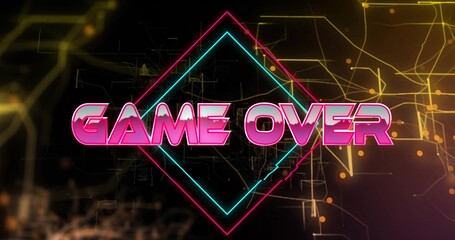 Displaying centered neon GAME OVER typography glowing in virtual arcade, with cyan magenta diamond