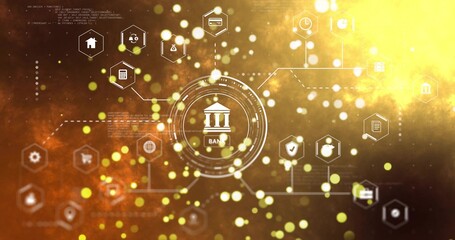 Displaying central BANK interface glowing in fintech HUD, linking hexagon icons and glowing nodes