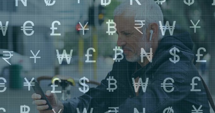 Checking smartphone senior man in jacket waiting on street, with currency symbols, copy space