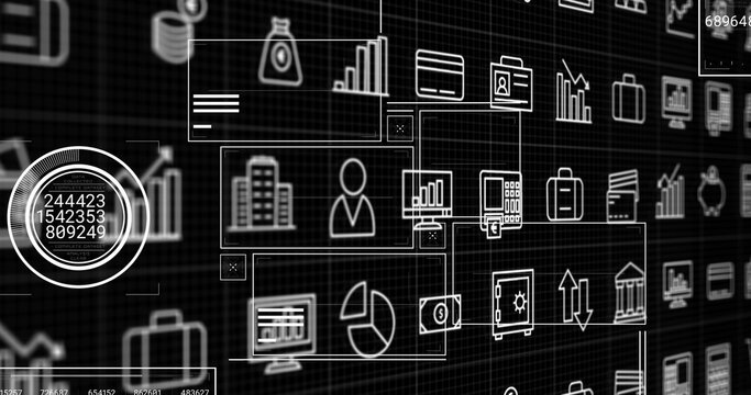 Displaying wireframe business panels on dark grid plane, showing circular dial and bar charts