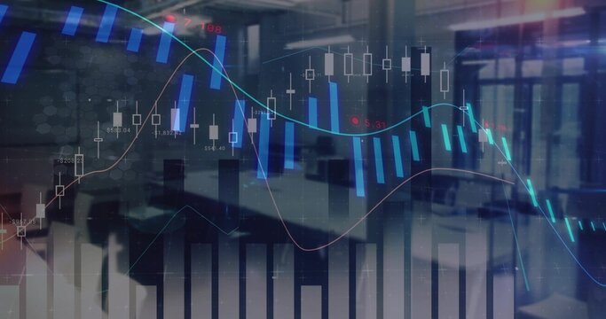 Displaying financial dashboard overlaying open-plan office interior, with candlestick chart, desks - Powered by Adobe