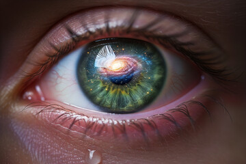 Naklejka premium Close-up of a human eye reflecting a galaxy with a tear on the cheek