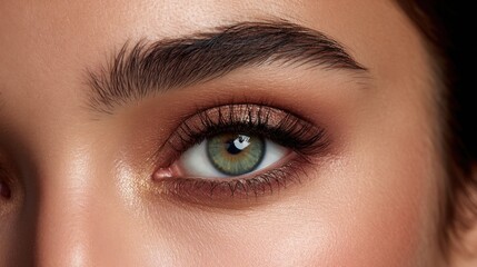Obraz premium Close-Up of Beautiful Green Eye with Natural Makeup, Enhanced Eyelashes and Soft Skin Tones Capturing Elegance and Beauty in Portrait Photography