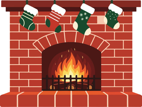 Illustration of a cozy fireplace with stockings hanging above, warmly lit with a brick surround and hearth, conveying a happy holidays mood
