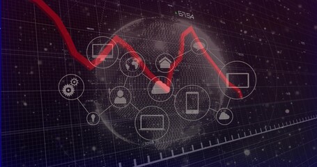 Displaying central dotted 3D globe crossing red trend line on dark dashboard, with white icons