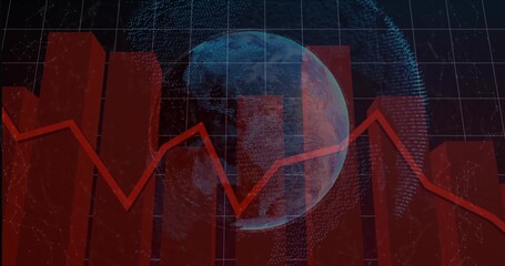 Displaying red bar chart and jagged red line across dark dashboard, with translucent blue globe