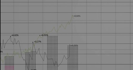 Displaying dashboard chart showing green upward line, dark jagged line, dot bars, percent labels