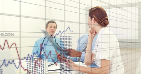Reviewing medical trio discussing patient metrics in clinic, wearing scrubs, coat, tie with charts