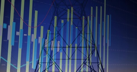 Silhouetting high-voltage tower rising against dusk sky, showing bars, red trend line, power lines