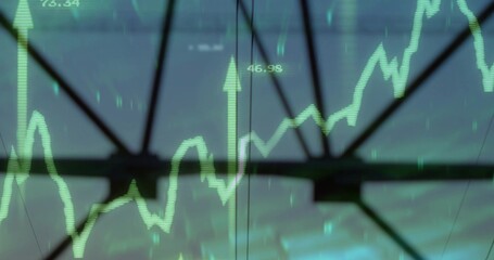 Displaying digital green stock chart overlay over glass panels and steel truss, with numeric labels