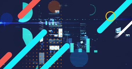 Displaying abstract dashboard on navy background with cyan coral diagonal bars and charts