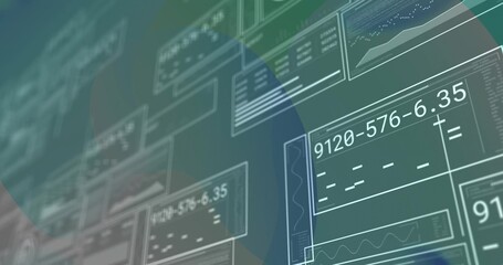 Displaying centered cluster of translucent UI panels on teal-green dashboard, with numeric readouts