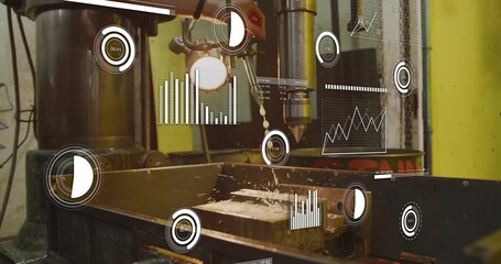 Fototapeta premium Cutting mill spindle driving endmill into vise block in shop, spraying coolant, ejecting chips, HUD