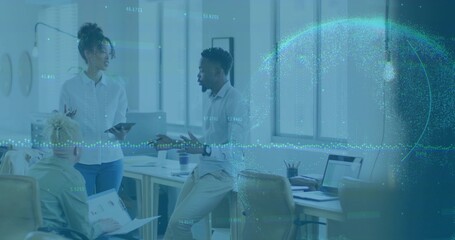 Discussing man, woman in blouse and shirt at office, holding tablet, documents with data overlay
