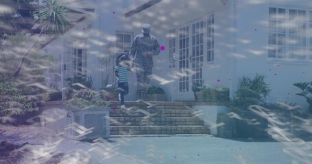 Ascending soldier in camo uniform guiding girl up brick steps at front entry, with white streaks