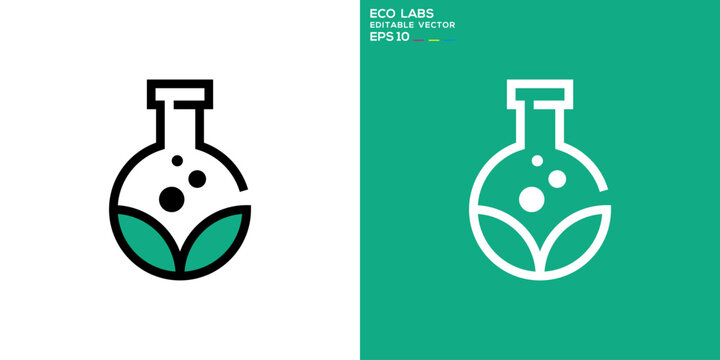 Nature lab logo. Laboratory, leaf, scientist, bottle, potion. Vector icon symbol design template EPS 10.