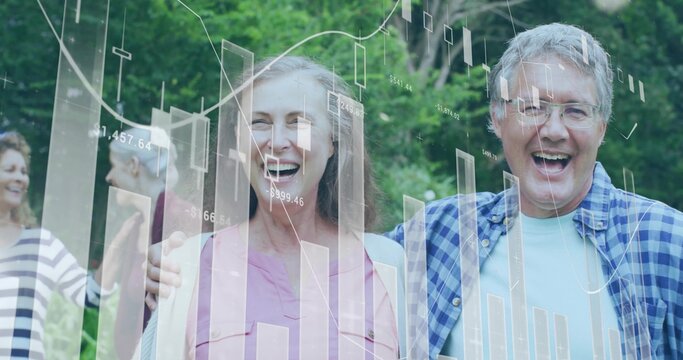 Laughing mature couple hugging in park, with data overlays, glasses, pink blouse and checked shirt