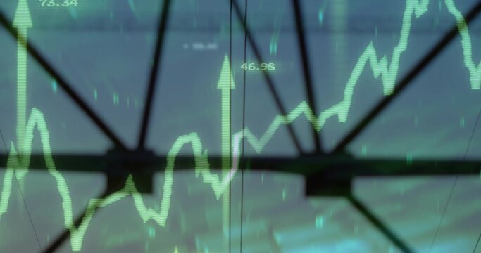 Displaying digital green stock chart overlay over glass panels and steel truss, with numeric labels