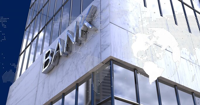 Featuring modern bank from low-angle street view, showing BANK sign, marble facade, globe overlay