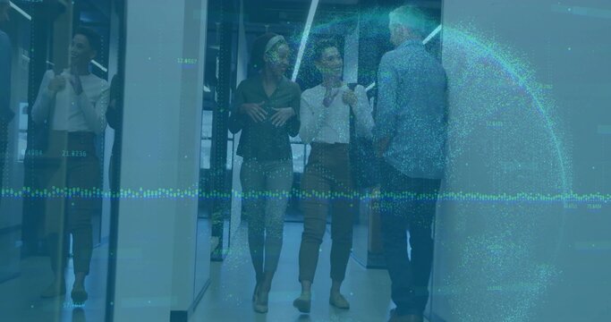 Walking three staff in business wear, conversing in glass corridor, holding mug, showing data globe