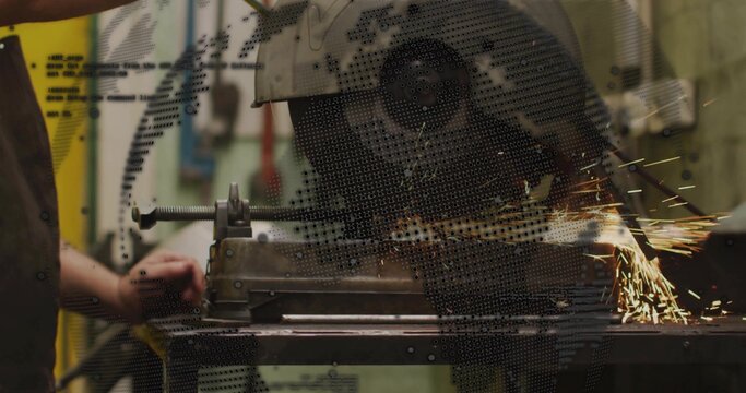 Cutting man using abrasive cutoff saw at shop, in dark shirt, clamping workpiece in vise, sparks
