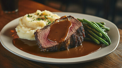 A close-up of a medium-rare roast beef slice with crispy edges, served with a side of mashed potatoes, green beans, and drizzled with rich brown gravy