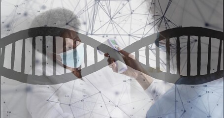 Checking clinician in scrubs, masks scanning patient at clinic with IR gun and DNA overlay