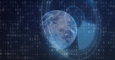 Obraz premium Showing clear blue Earth globe rotating in digital network view, with HUD rings and binary streams