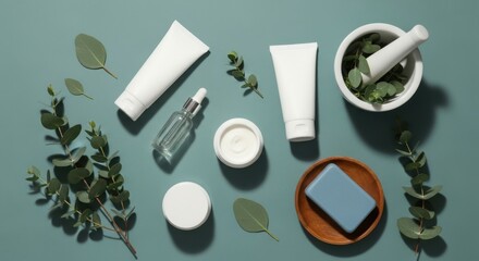 Natural skincare and beauty products with green leaves on teal background, flat lay arrangement
