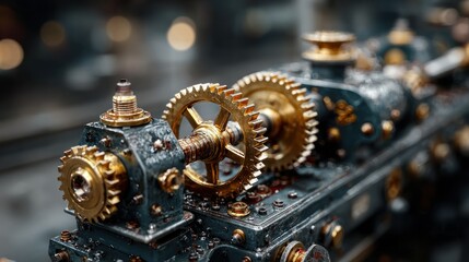 Detailed close-up of a vintage machine with gears and metallic components