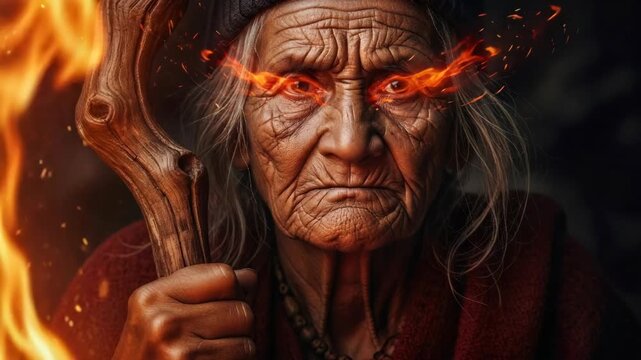 Old woman with glowing orange eyes in a hat holding a staff with fire next to her, ancient pagan mystical ritual concept