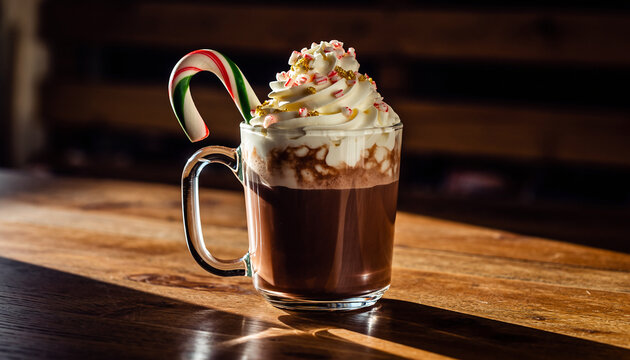 Hot chocolate with whipped cream and candy cane