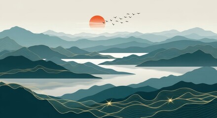 Tranquil sunset over misty mountains with birds flying and serene valley landscape