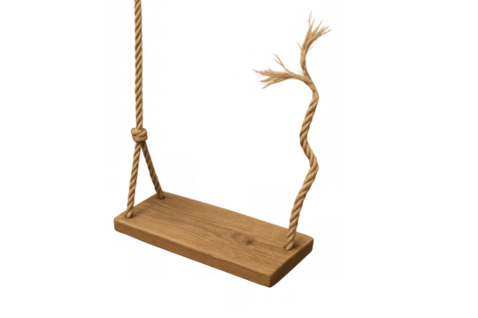 Broken rope swing with wooden seat representing risk, danger, and fragile childhood memories on a transparent background