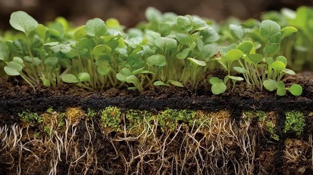 Closeup of healthy green plants growing in soil enriched with microbial consortia showcasing natural nutrient exchange and symbiotic relationships.